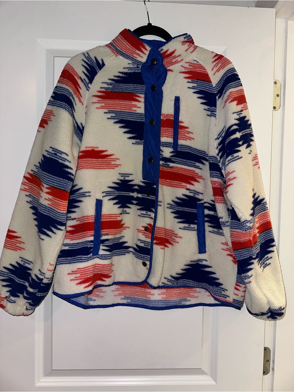 Unisex Cream Patterned Fleece Jacket with Blue & orange Accents